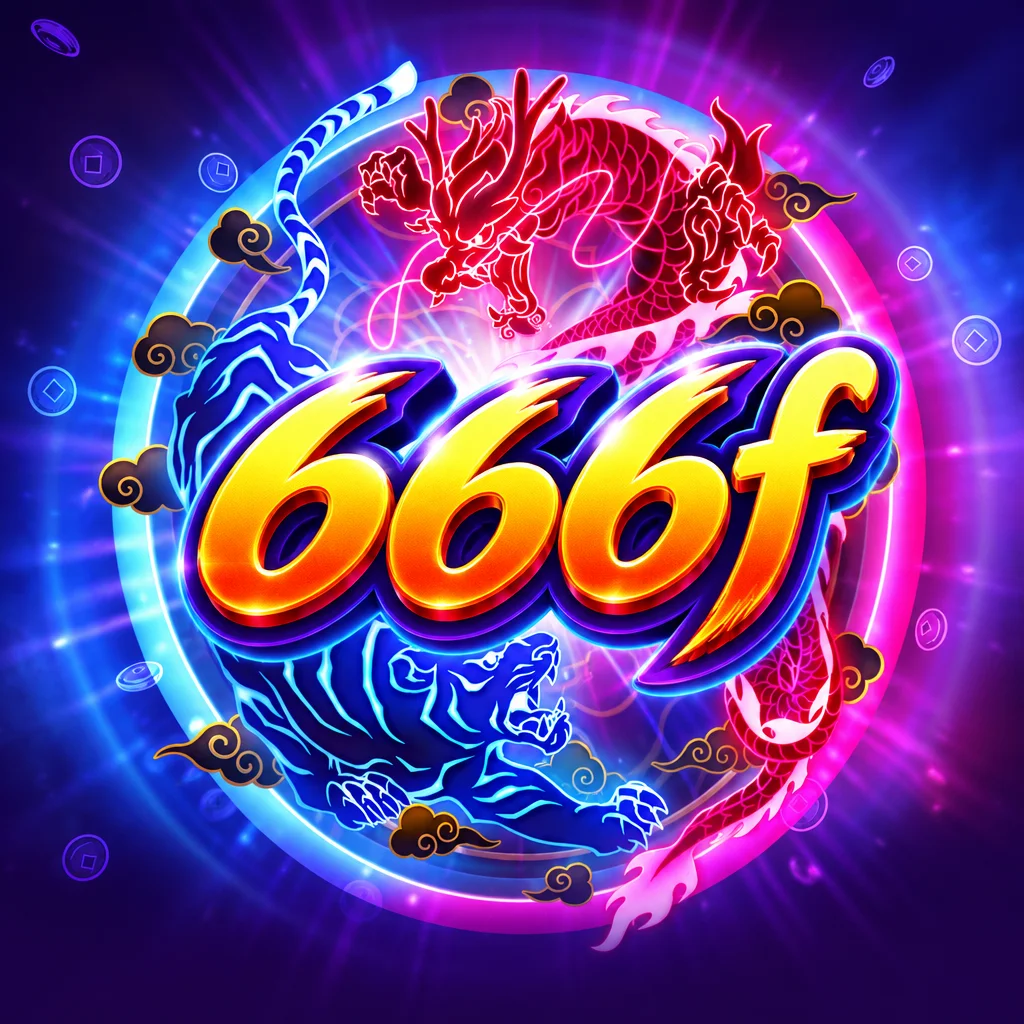 Logo 666f dengan latar belakang naga merah dan harimau biru dalam lingkaran cahaya