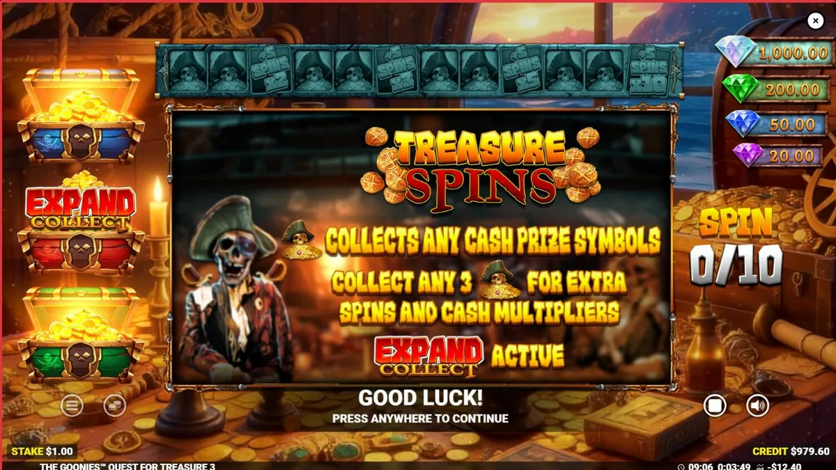The Goonies Quest for Treasure 3 slot game interface