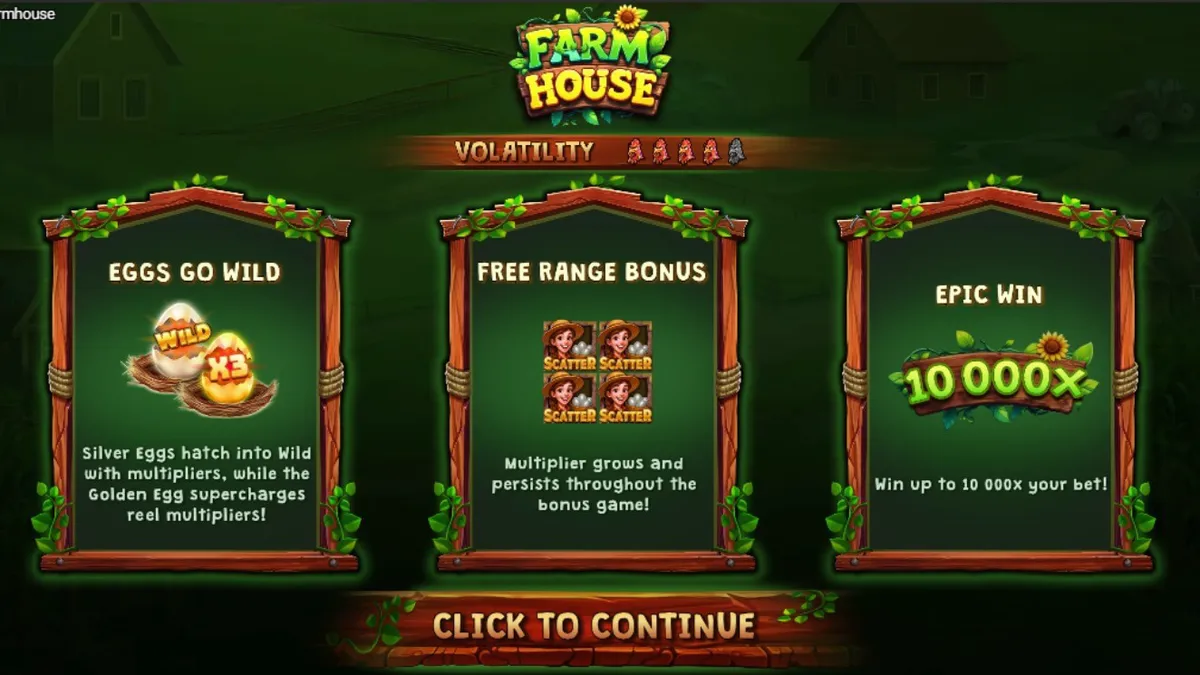 Tampilan visual slot Farm House dengan latar belakang peternakan dan kisi 6x6